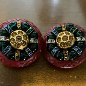 Kalinger Vintage resin and glass Red and Green Clip-On Earrings. Paris France